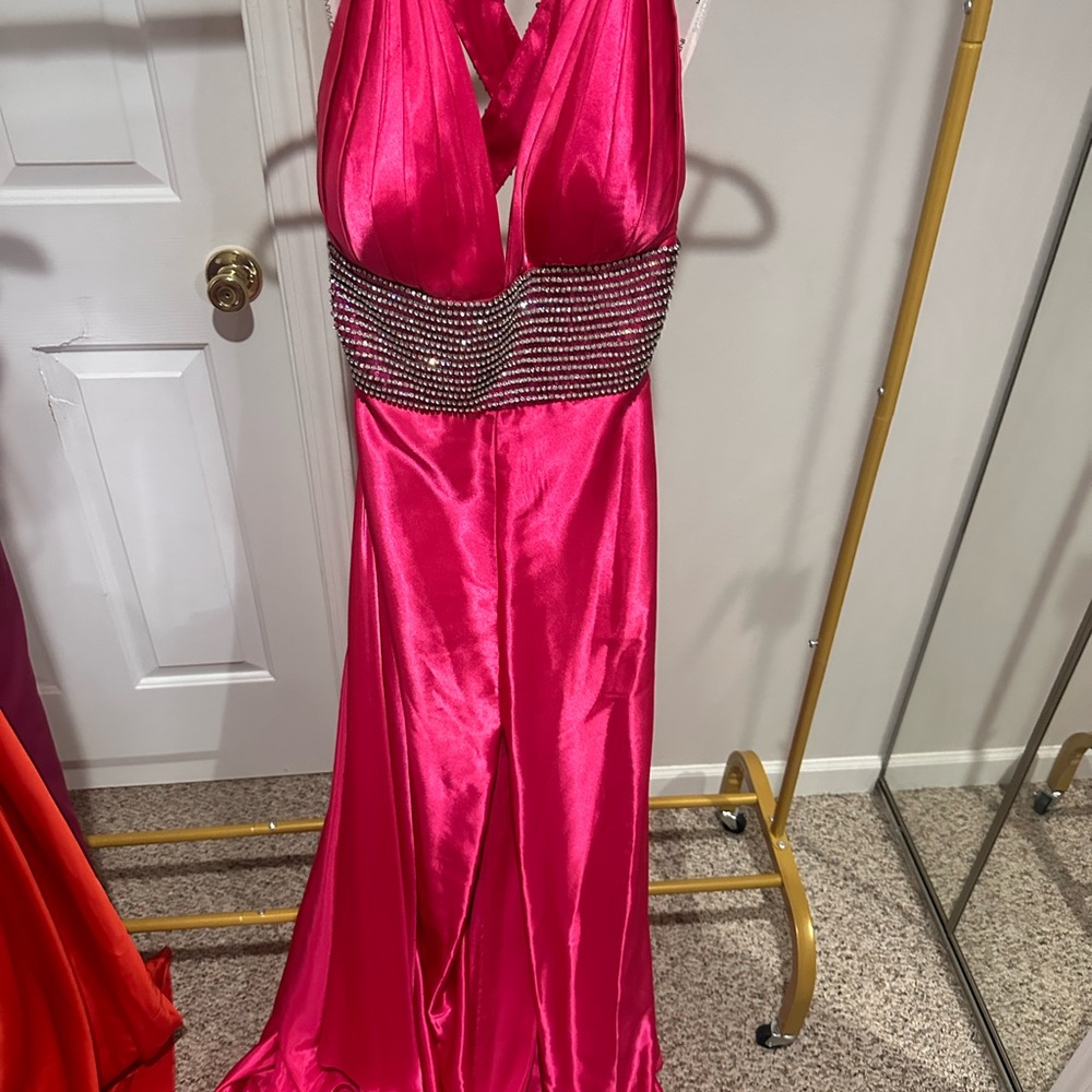 Jovani Elegant Pink Halter Gown with Rhinestone Waist